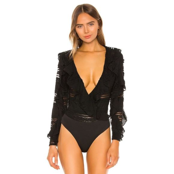 Tularosa Flora Lace Ruffled Bodysuit Black Size Large - Picture 1 of 12